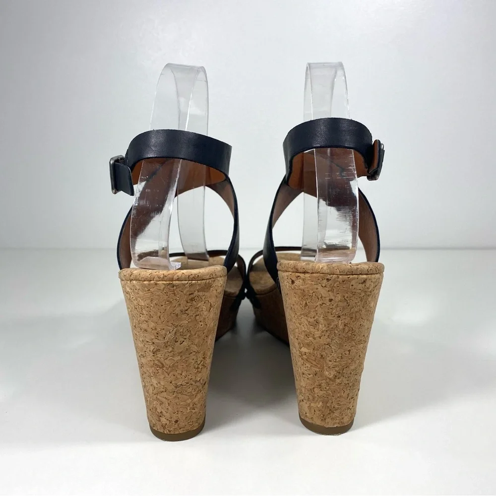 Lucky Brand Missy Black Leather Strappy Studded Cork Platform Wedge Sandals 10
